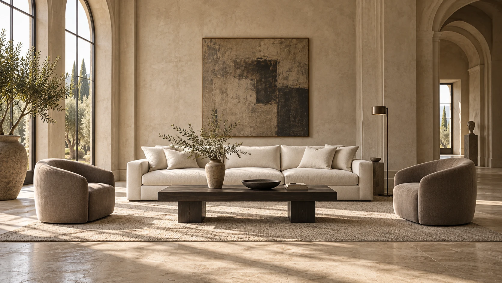 Daylight concept with a bright architectural living room, window light and long soft shadows
