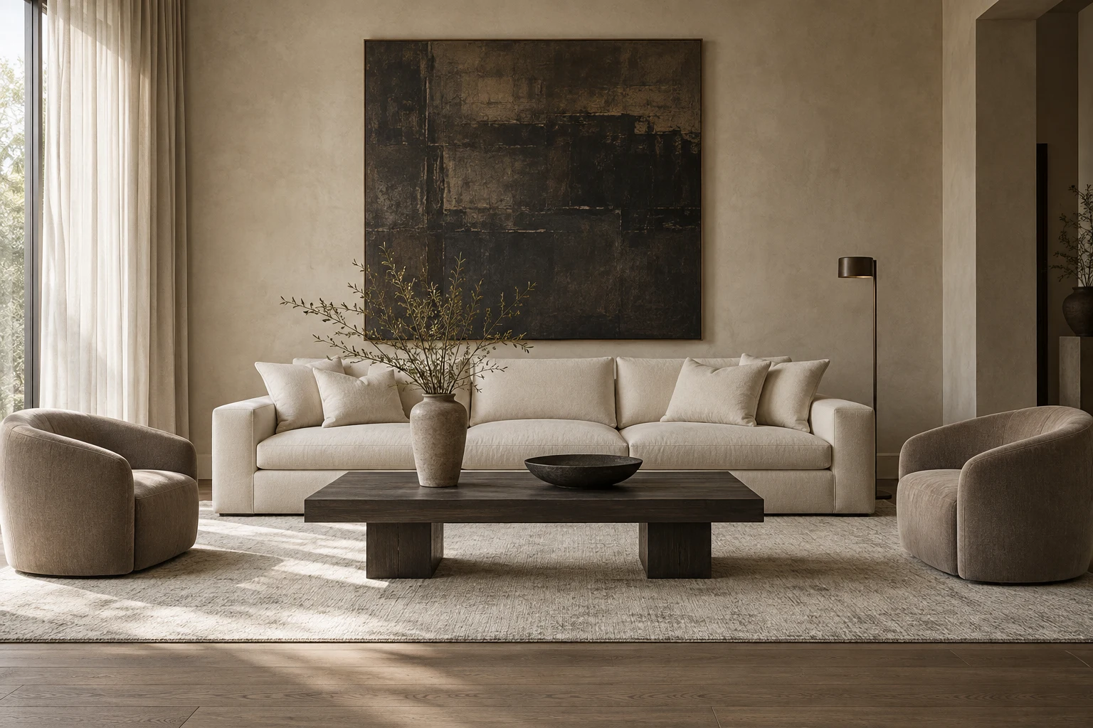 Concept living room with an ivory sofa, curved taupe chairs and a substantial dark wood coffee table