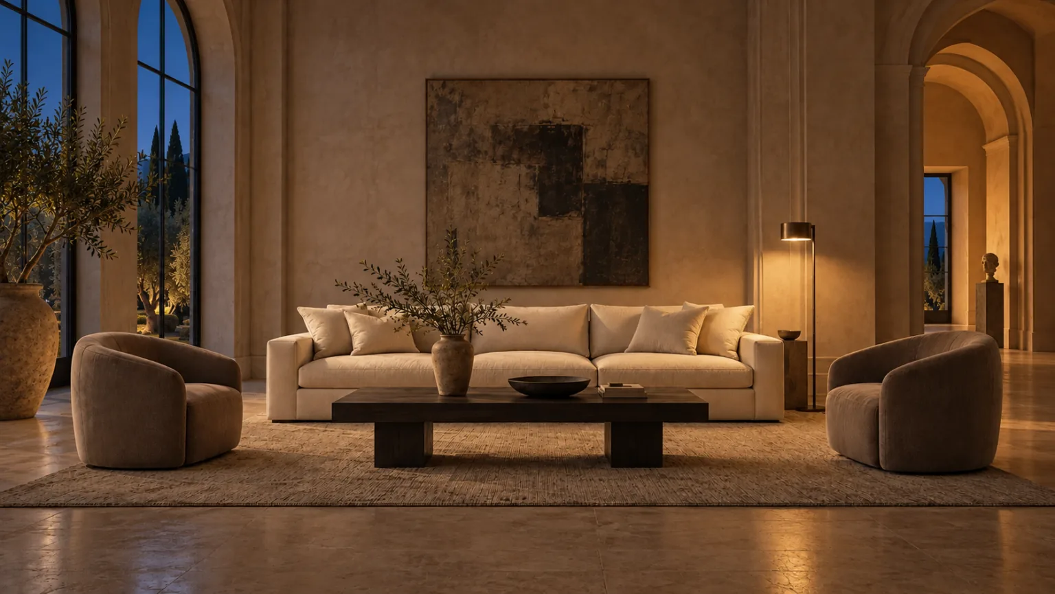 Concept of the Reflekte living room at evening, with warm lamplight and deep blue twilight beyond tall windows.