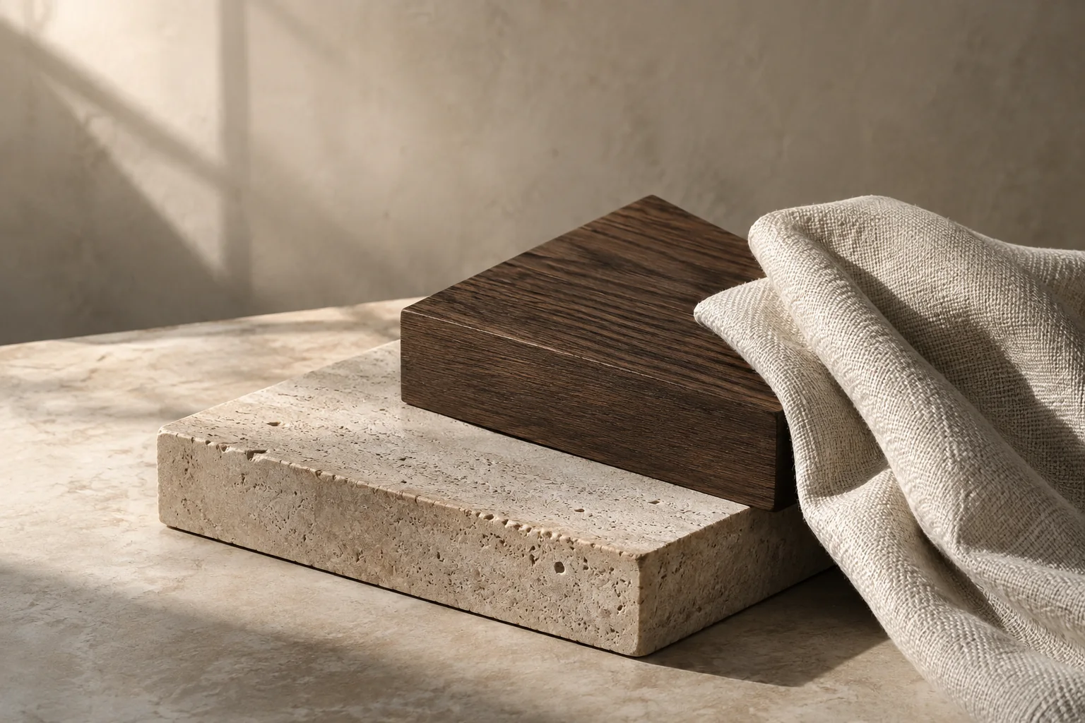 Concept study of limestone, dark oak and woven textile