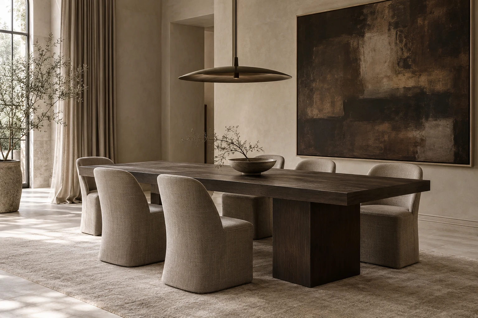 Concept dining room with a substantial dark wood table, upholstered chairs and a bronze pendant